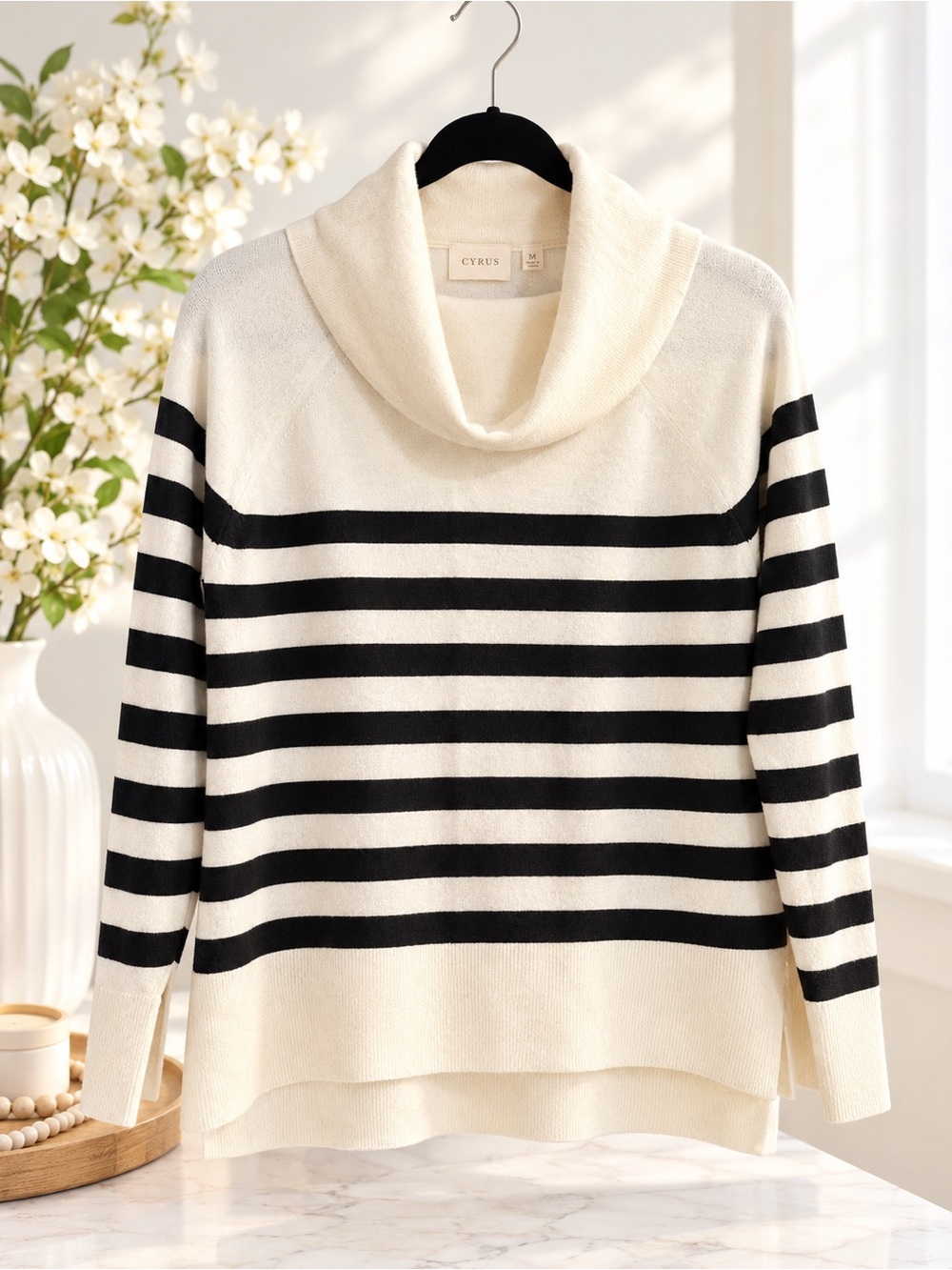 Cyrus Cream & Black Striped Cowl Neck Sweater